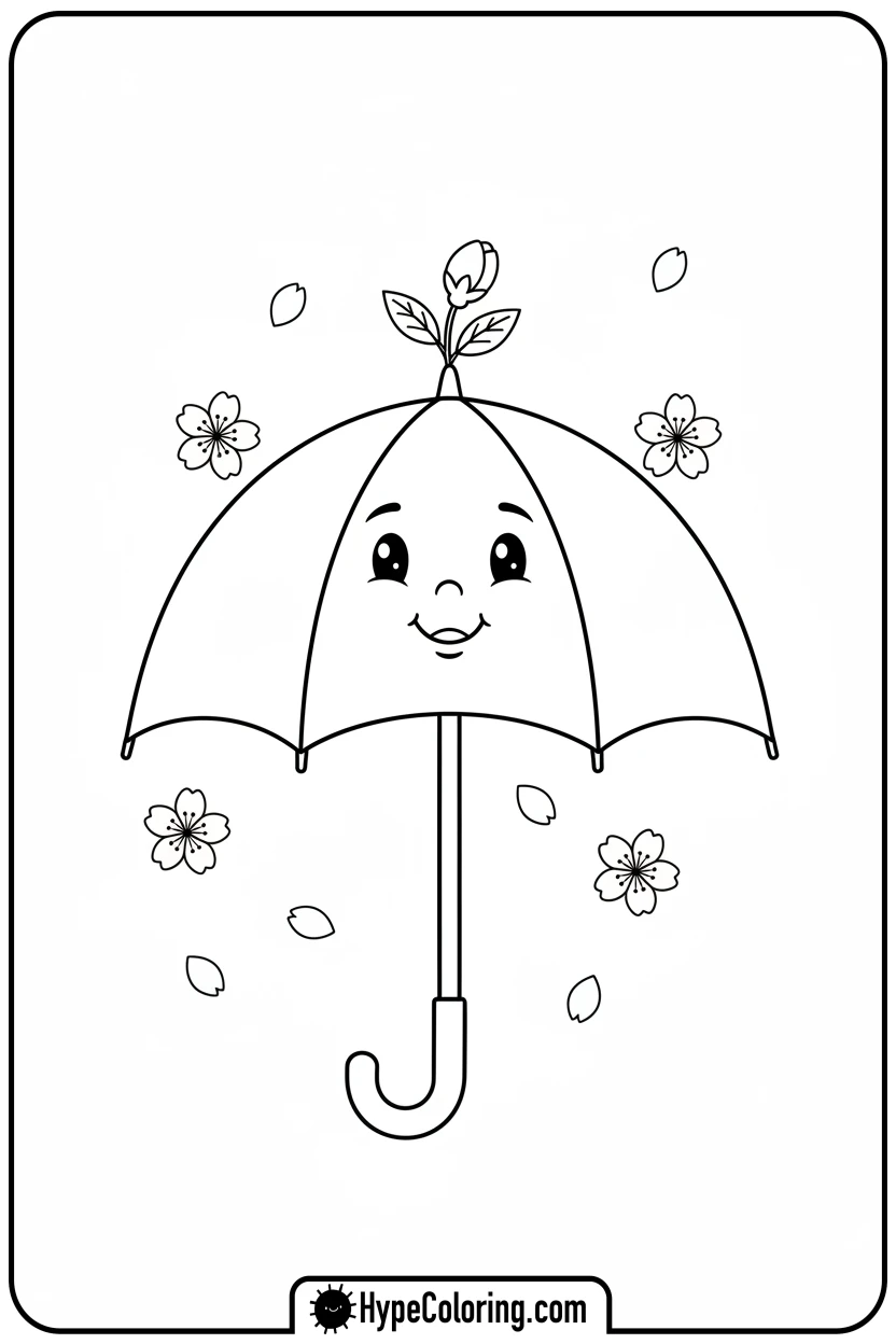 happy-spring-umbrella-with-blossoms - Spring Umbrella Coloring Page