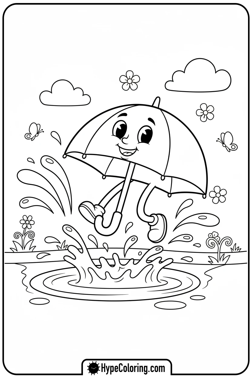 spring-umbrella-splashing-in-puddle - Spring Umbrella Coloring Page