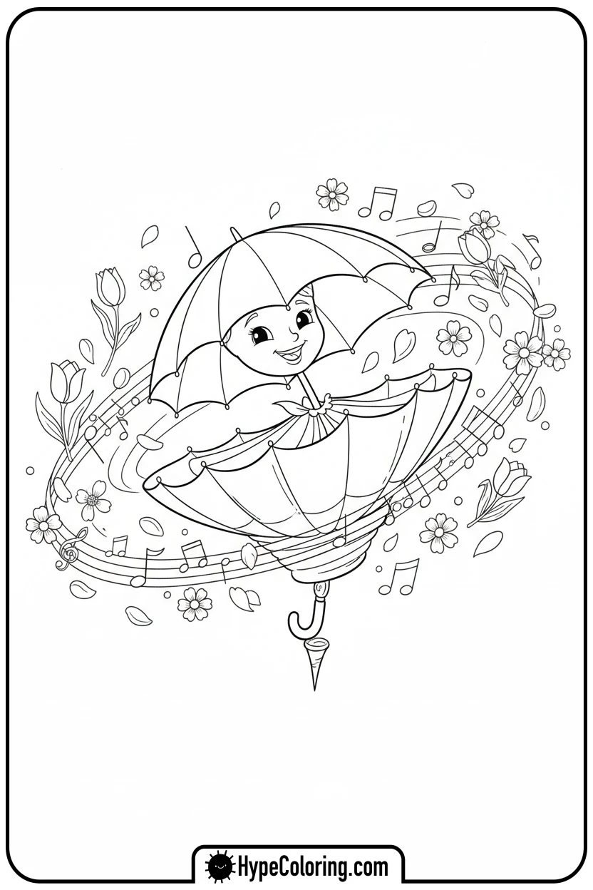 spring-umbrella-dancing-with-petals - Spring Umbrella Coloring Page