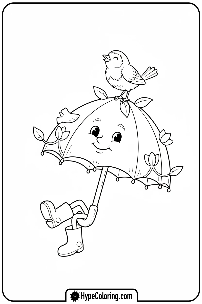 spring-umbrella-with-a-robin - Spring Umbrella Coloring Page