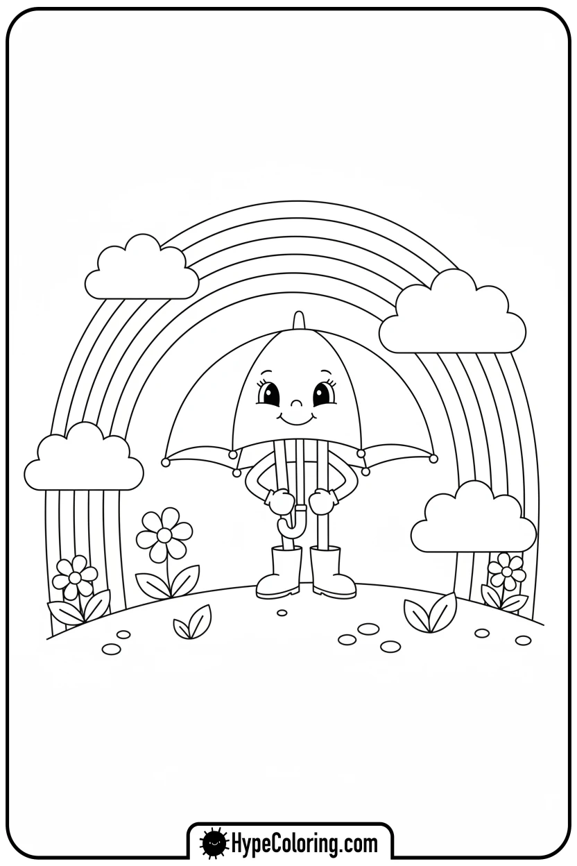 spring-umbrella-under-a-rainbow - Spring Umbrella Coloring Page