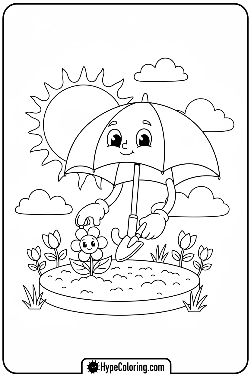 spring-umbrella-planting-a-flower - Spring Umbrella Coloring Page