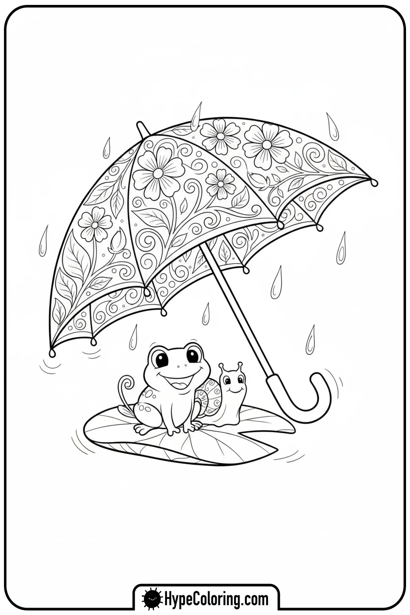 spring-umbrella-sheltering-frog-and-snail - Spring Umbrella Coloring Page