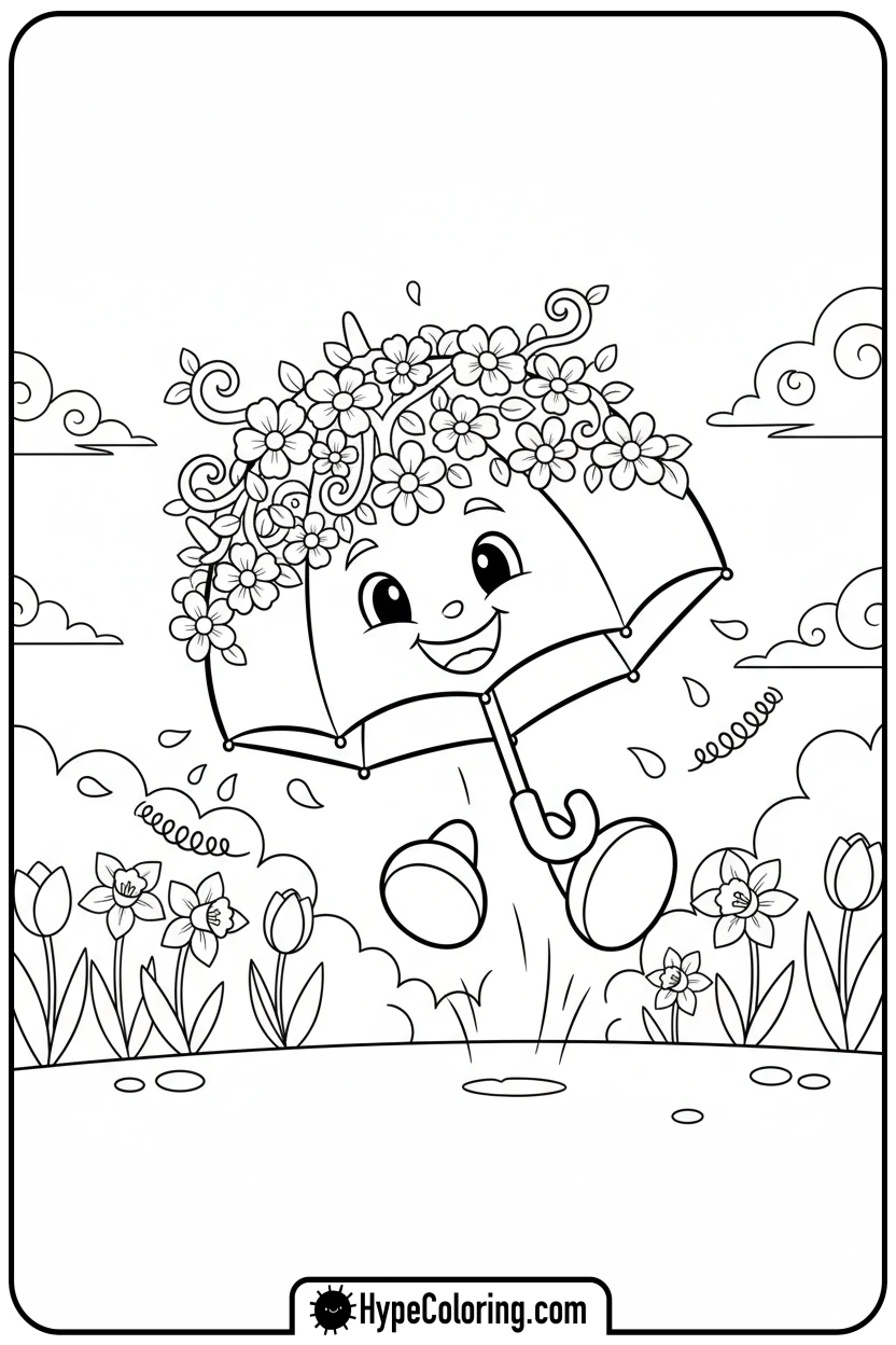 spring-umbrella-jumping-happily - Spring Umbrella Coloring Page
