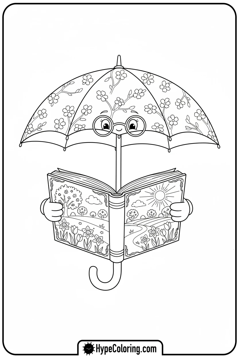 spring-umbrella-reading-a-book - Spring Umbrella Coloring Page