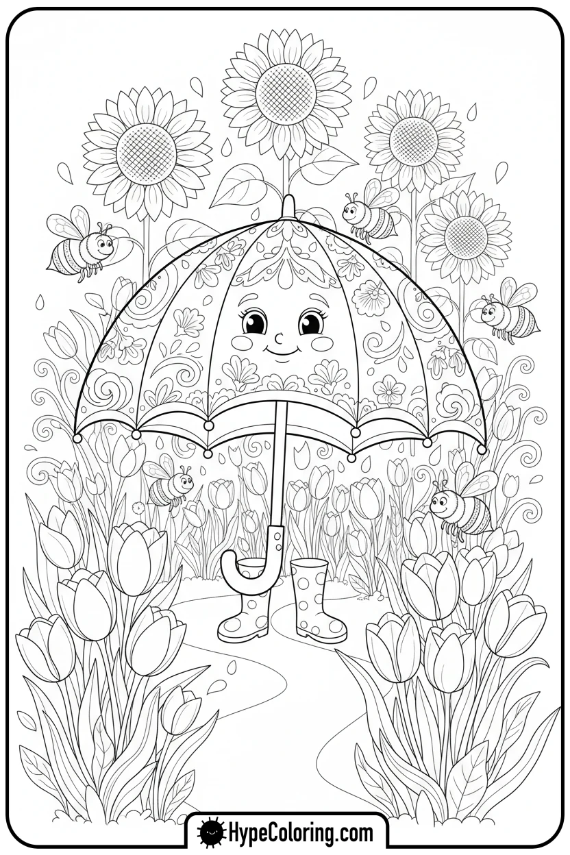 spring-umbrella-in-a-flower-garden - Spring Umbrella Coloring Page
