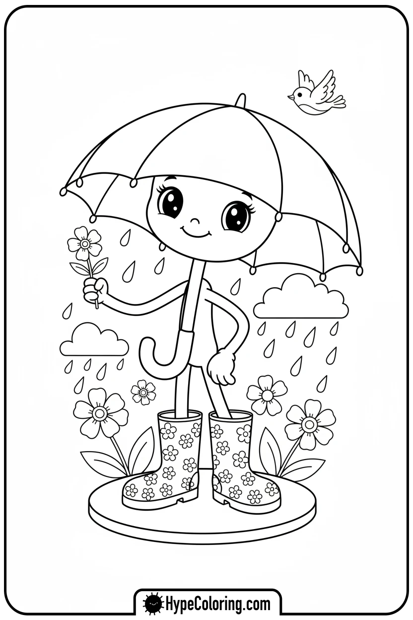 spring-umbrella-wearing-rain-boots - Spring Umbrella Coloring Page