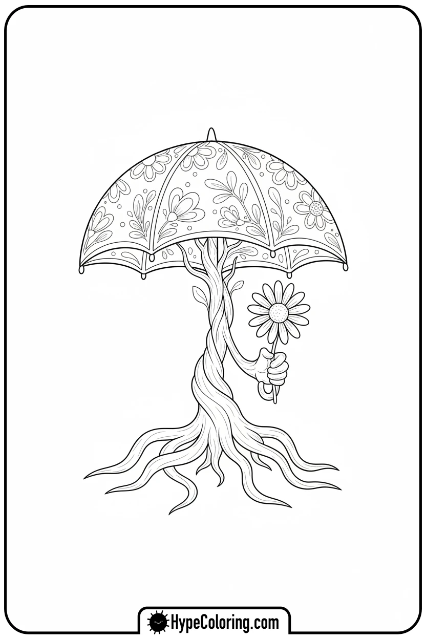 spring-umbrella-offering-a-daisy - Spring Umbrella Coloring Page