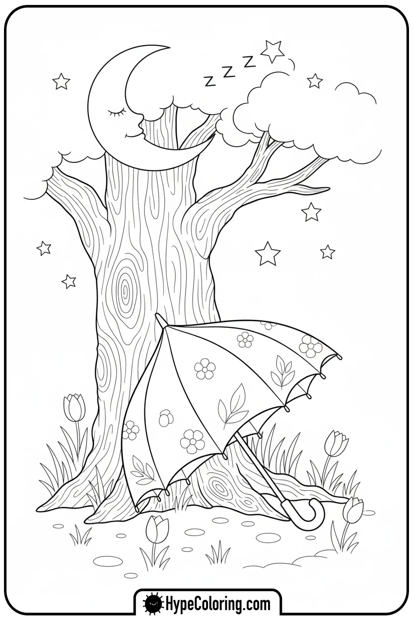 spring-umbrella-sleeping-under-tree - Spring Umbrella Coloring Page