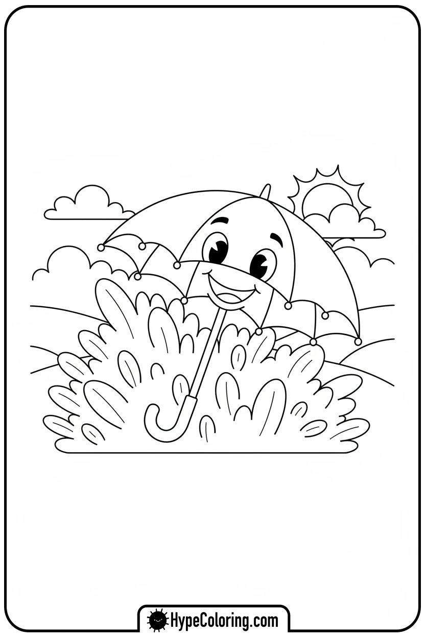 spring-umbrella-peeking-from-bush - Spring Umbrella Coloring Page