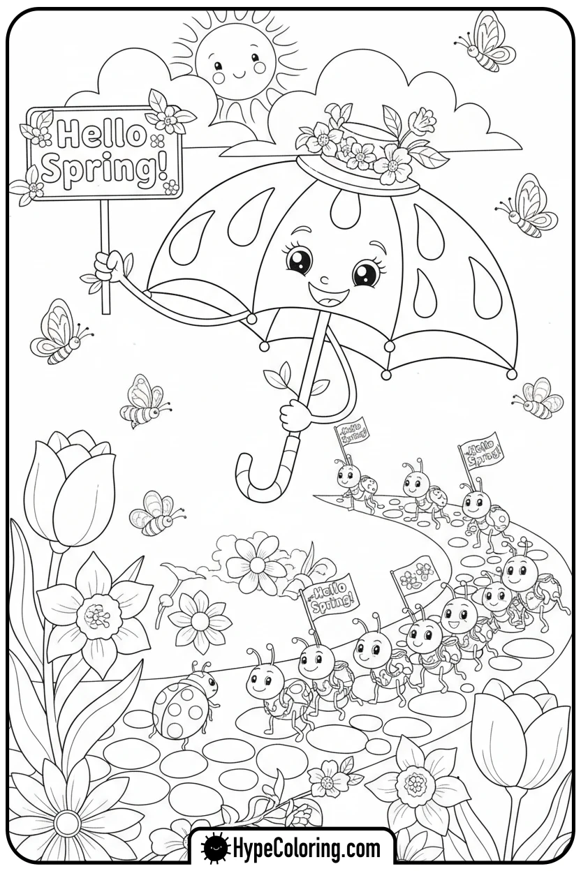 spring-umbrella-leading-spring-parade - Spring Umbrella Coloring Page