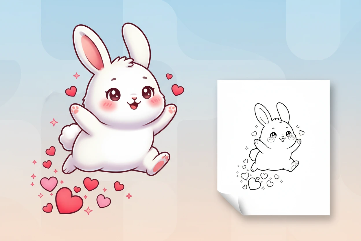 chibi-bunny-leaping-joyfully-into - Coloring Page Chibi Bunny and Heart