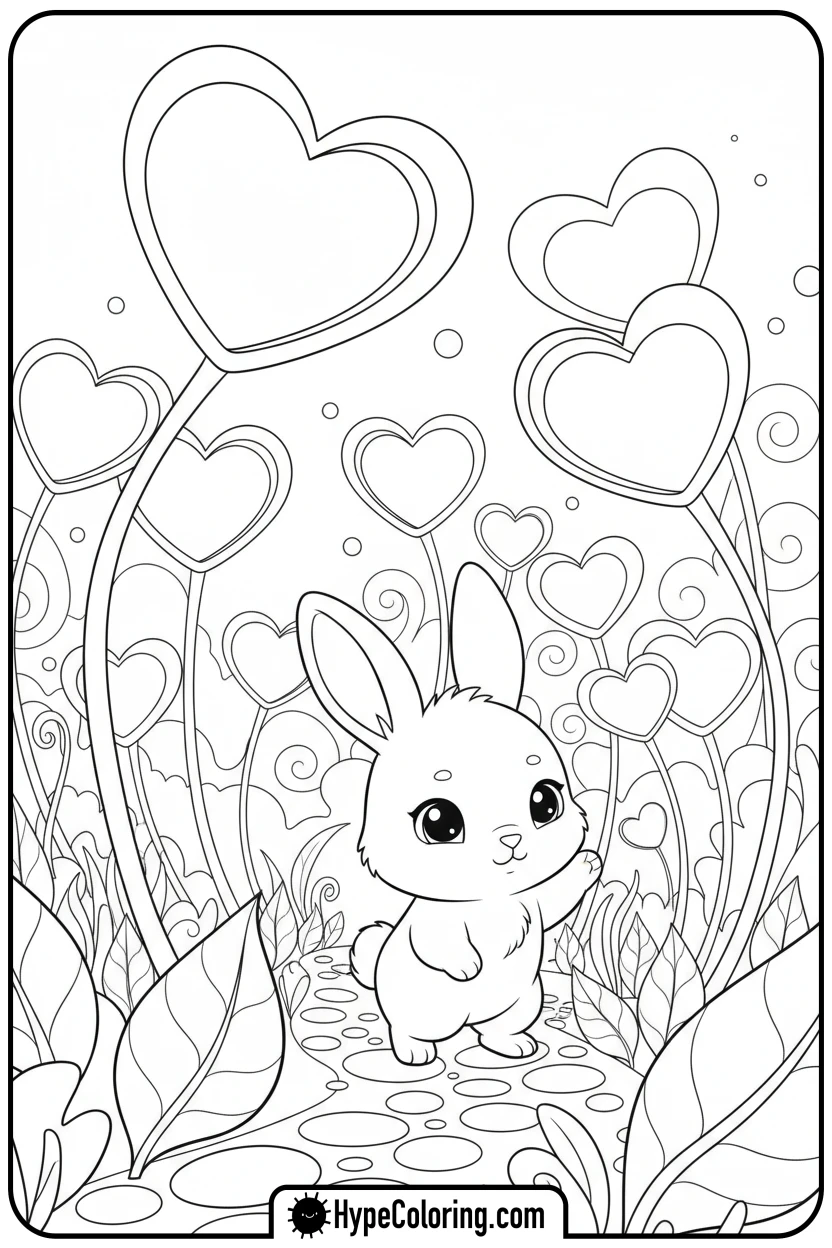 chibi-bunny-in-a-heart-garden - Coloring Page Chibi Bunny and Heart