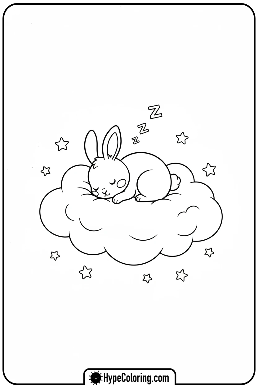 chibi-bunny-sleeping-on-heart-cloud - Coloring Page Chibi Bunny and Heart