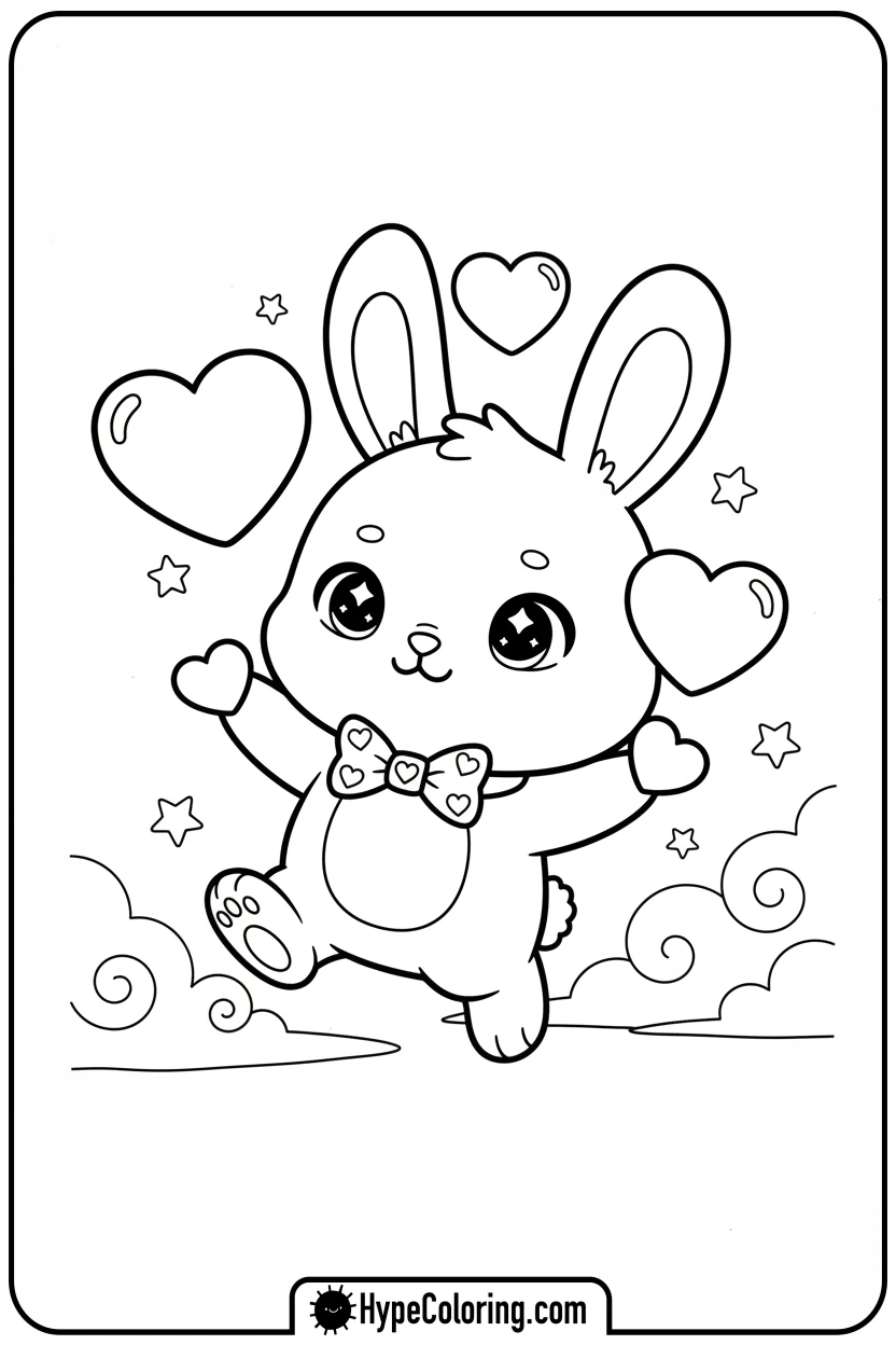 chibi-bunny-juggling-hearts - Coloring Page Chibi Bunny and Heart