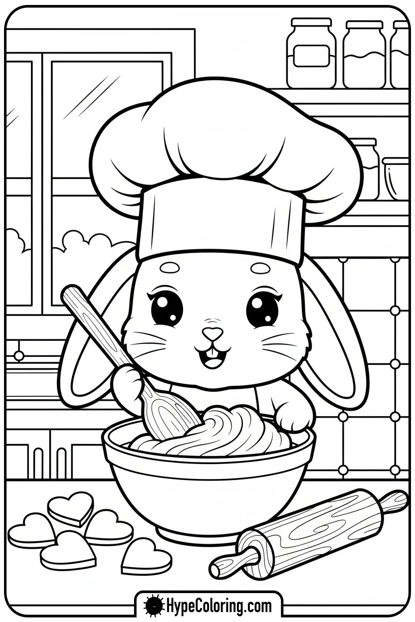 chibi-bunny-baking-heart-cookies - Coloring Page Chibi Bunny and Heart