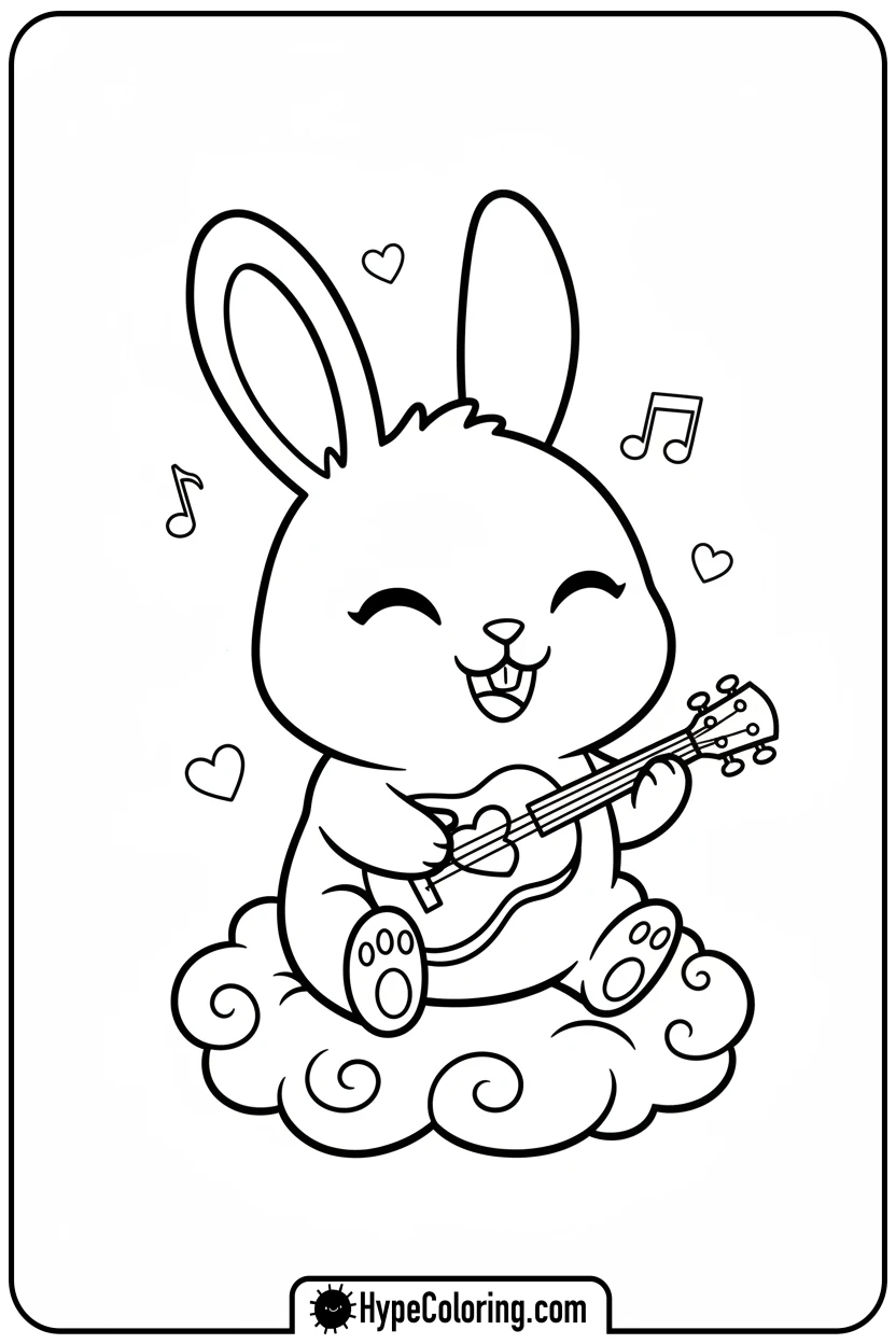 chibi-bunny-playing-heart-ukulele - Coloring Page Chibi Bunny and Heart