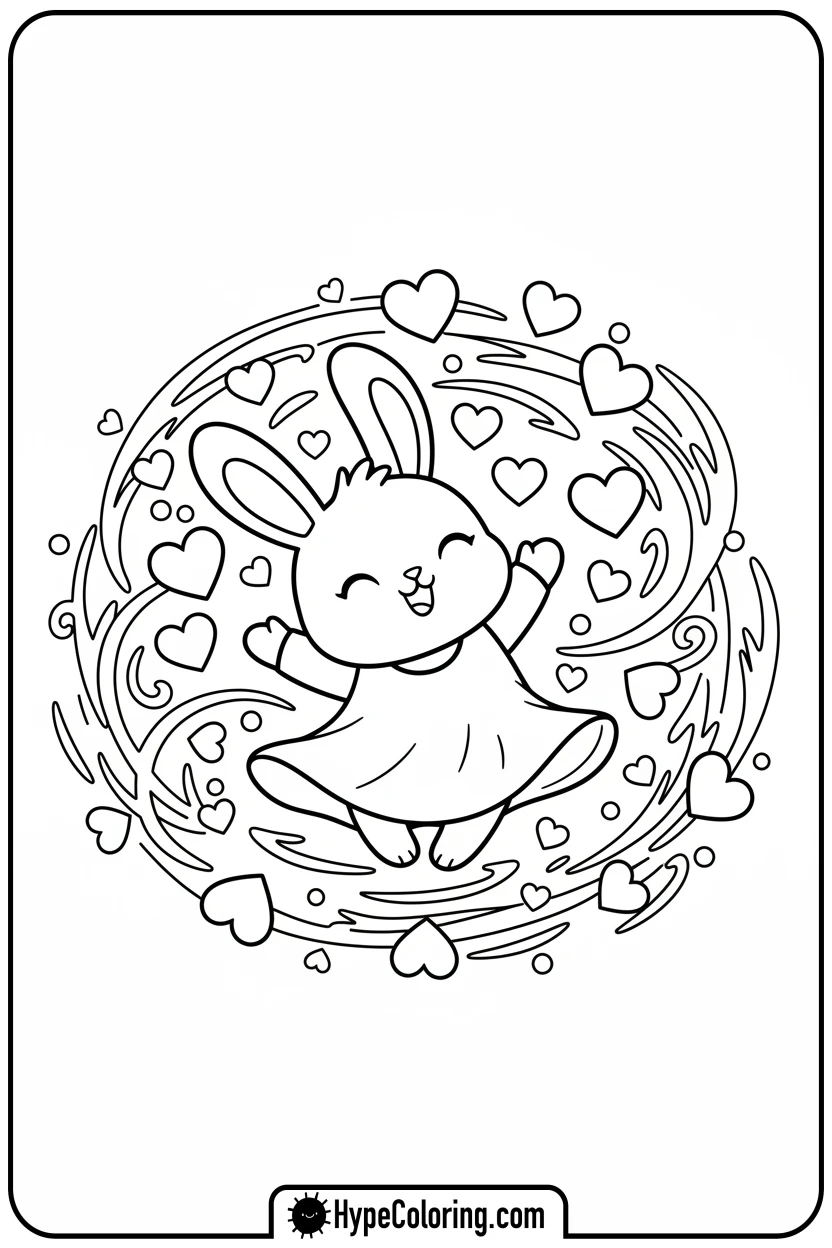 chibi-bunny-dancing-with-hearts - Coloring Page Chibi Bunny and Heart