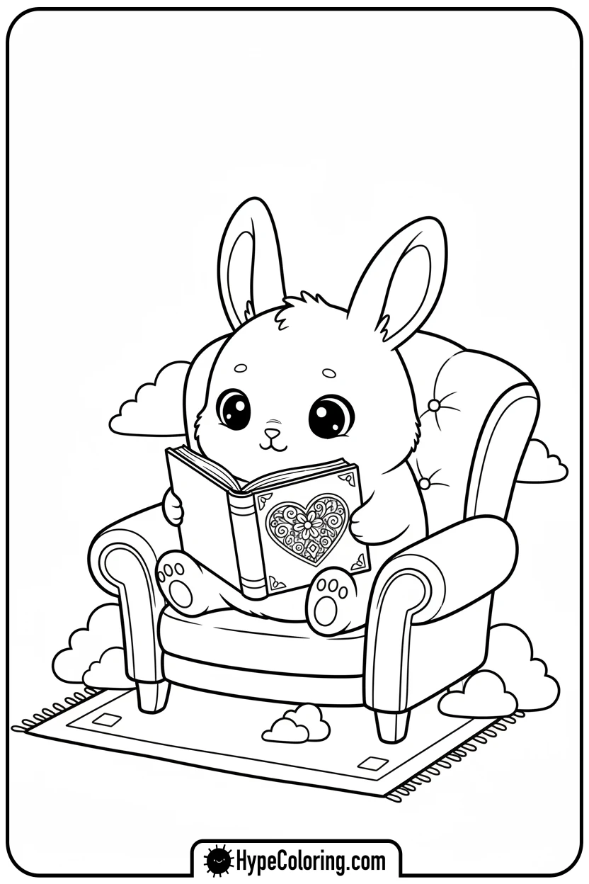 chibi-bunny-reading-heart-book - Coloring Page Chibi Bunny and Heart