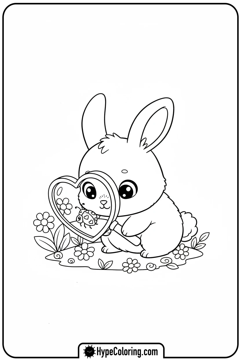 chibi-bunny-with-heart-magnifier - Coloring Page Chibi Bunny and Heart