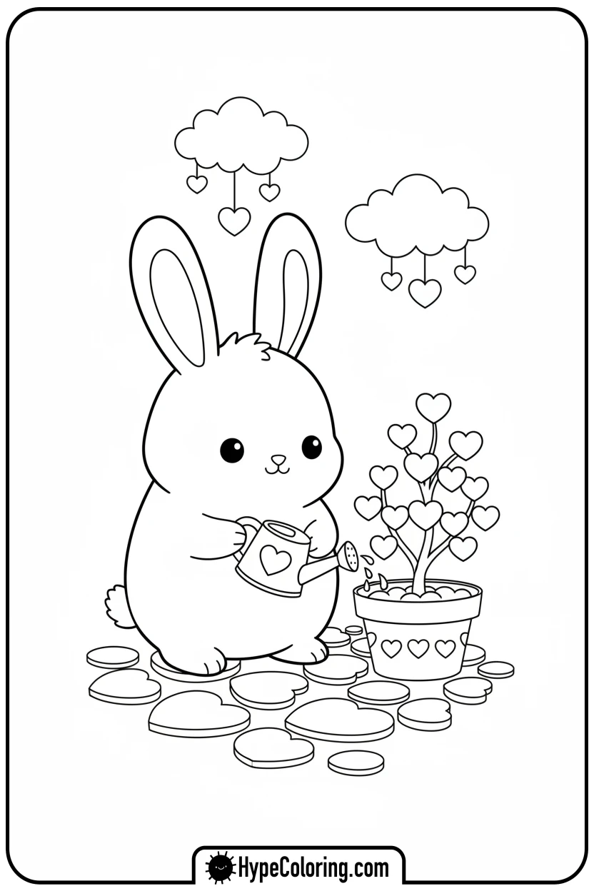 chibi-bunny-watering-heart-plants - Coloring Page Chibi Bunny and Heart