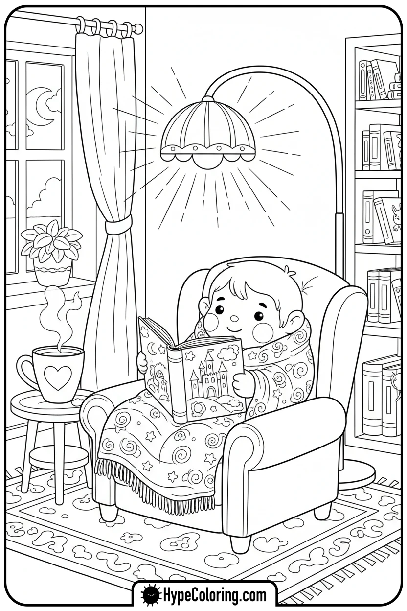 Click to download PDF cozy-reading-in-armchair - cozy corner coloring page