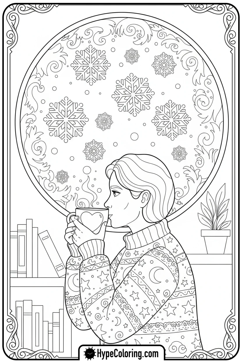 Click to download PDF cozy-drinking-cocoa-by-window - cozy corner coloring page
