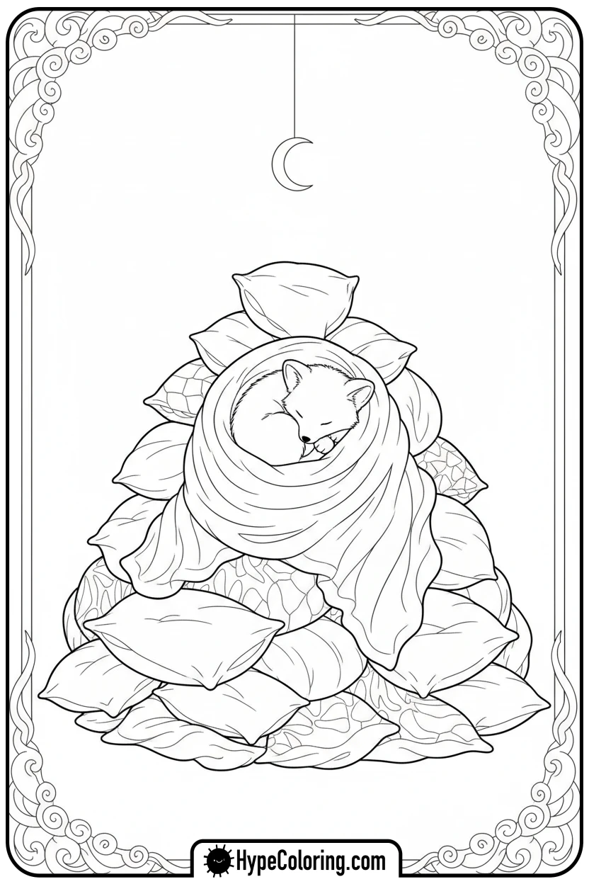 Click to download PDF cozy-sleeping-on-pillows - cozy corner coloring page