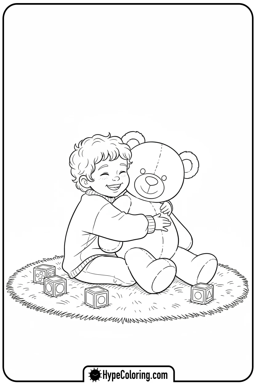 Click to download PDF cozy-hugging-a-giant-teddy-bear - cozy corner coloring page