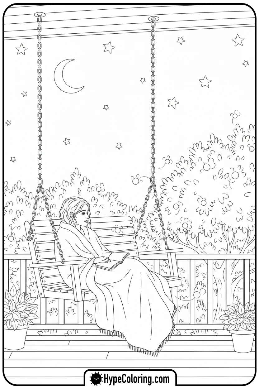 Click to download PDF cozy-watching-fireflies - cozy corner coloring page