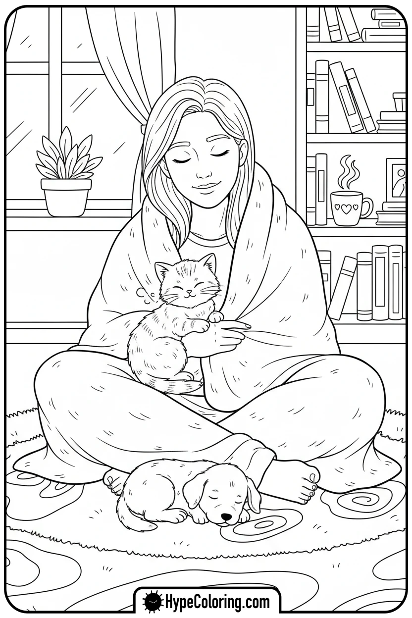 Click to download PDF cozy-snuggled-with-pets - cozy corner coloring page