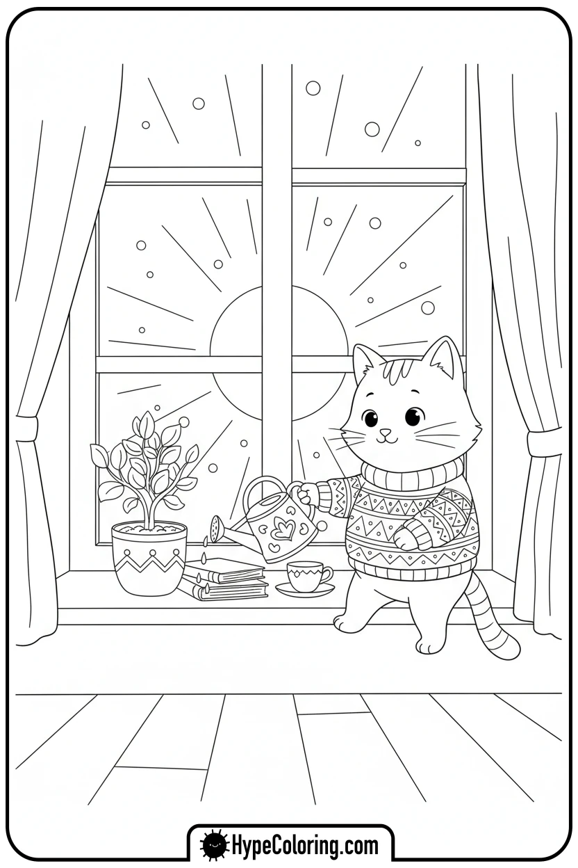 Click to download PDF cozy-watering-a-plant - cozy corner coloring page