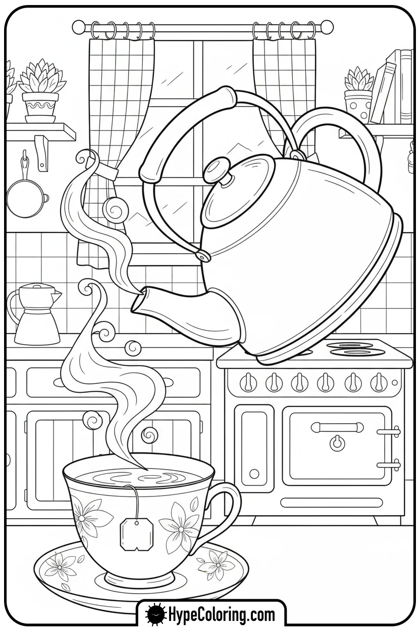 Click to download PDF cozy-making-a-cup-of-tea - cozy corner coloring page