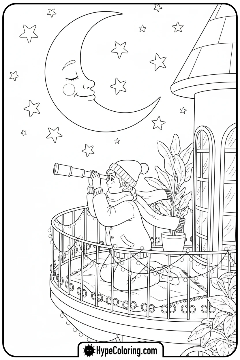 Click to download PDF cozy-stargazing-from-balcony - cozy corner coloring page