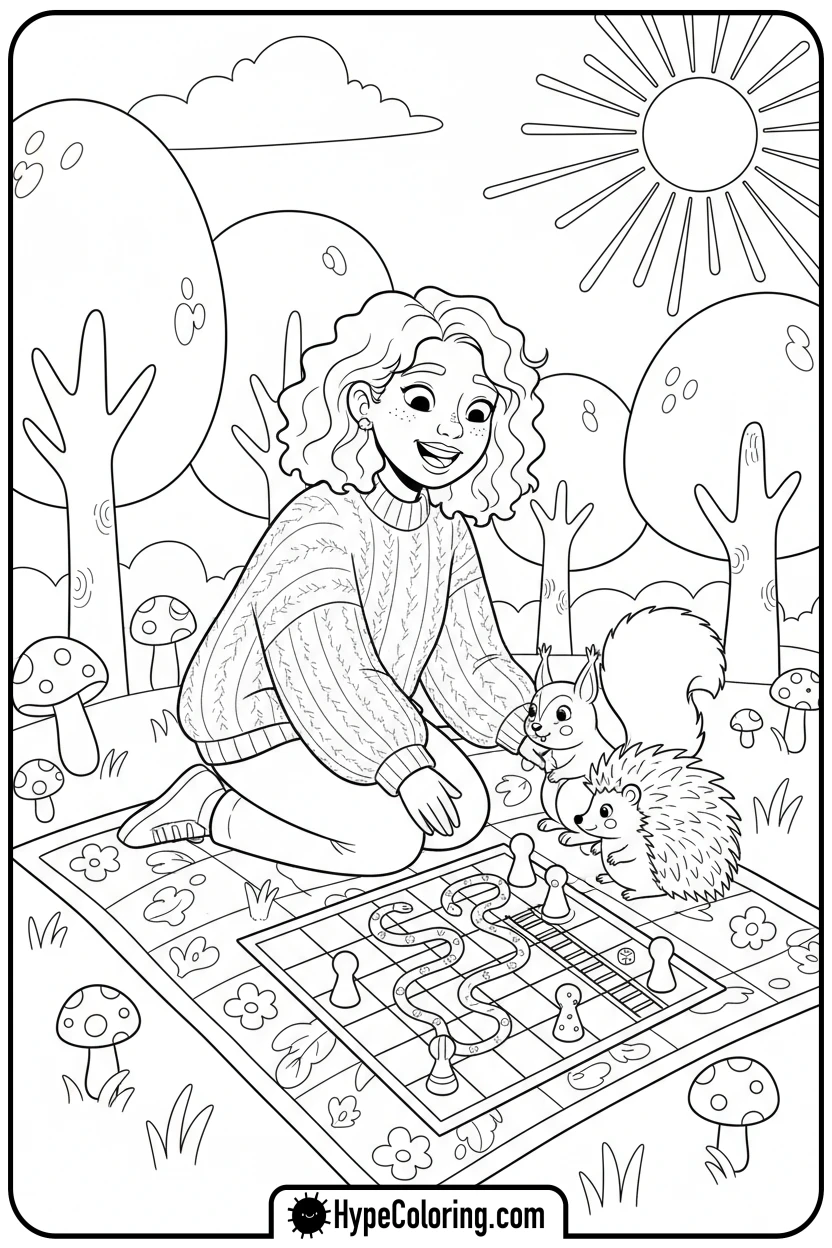 Click to download PDF cozy-playing-board-game-with-friends - cozy corner coloring page