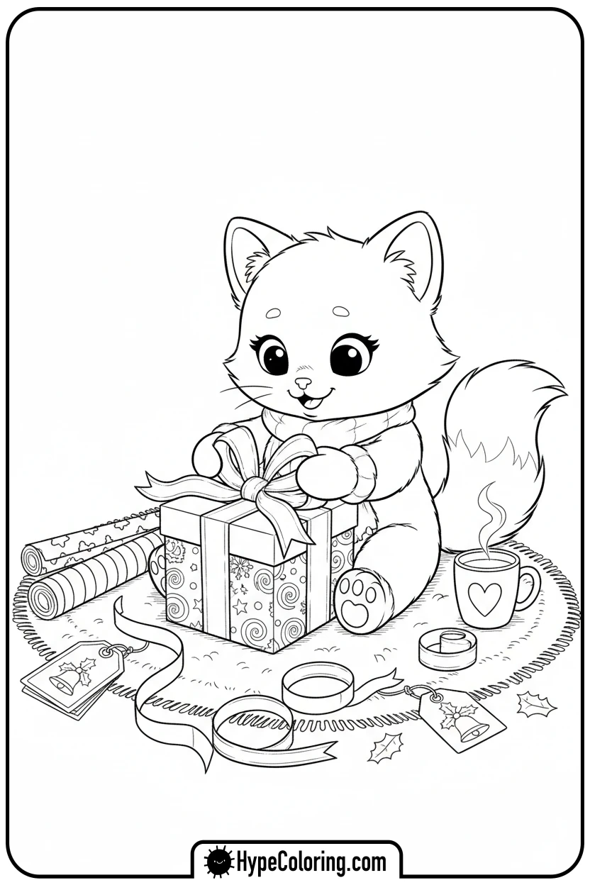 Click to download PDF cozy-wrapping-a-gift - cozy corner coloring page
