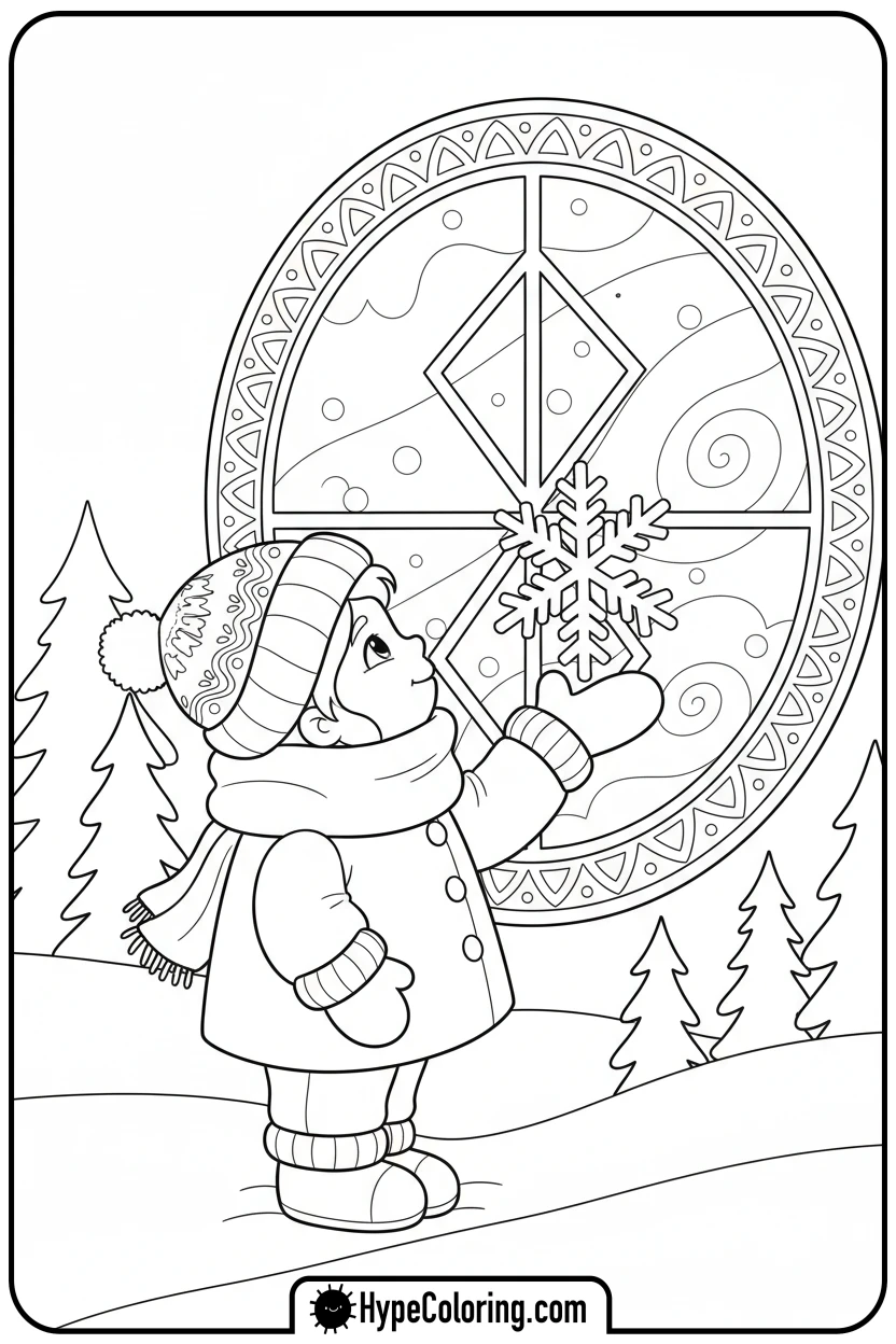 Click to download PDF cozy-admiring-a-snowflake - cozy corner coloring page