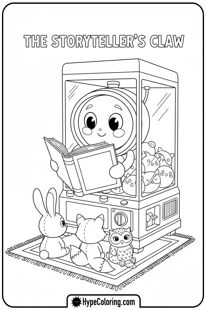 claw-machine-reading-to-plushies - Plushie Claw Machine Coloring Pages