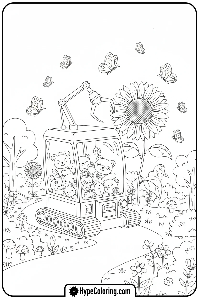 claw-machine-in-garden - Plushie Claw Machine Coloring Pages