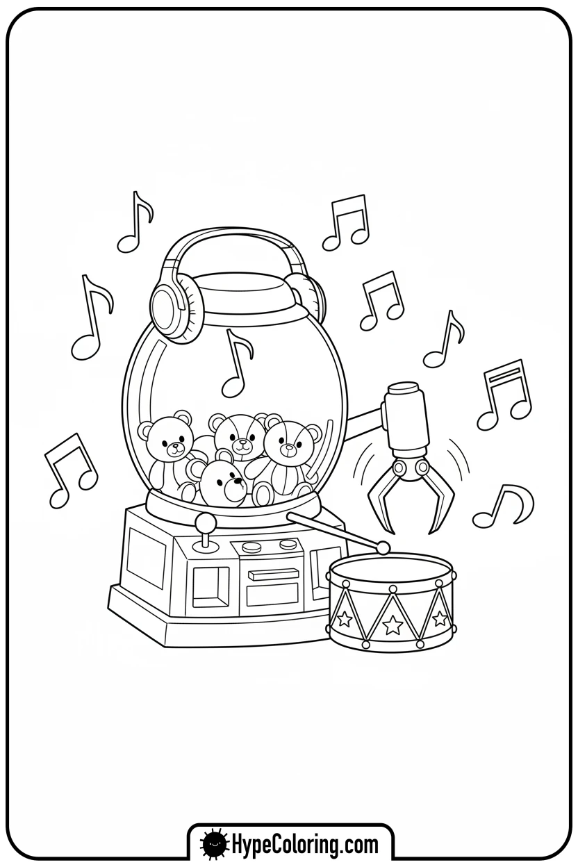 claw-machine-playing-drums - Plushie Claw Machine Coloring Pages