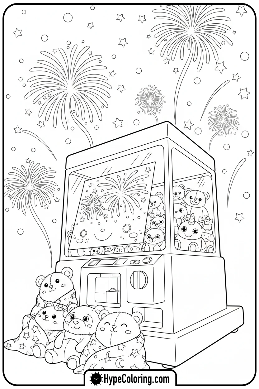 claw-machine-watching-fireworks - Plushie Claw Machine Coloring Pages