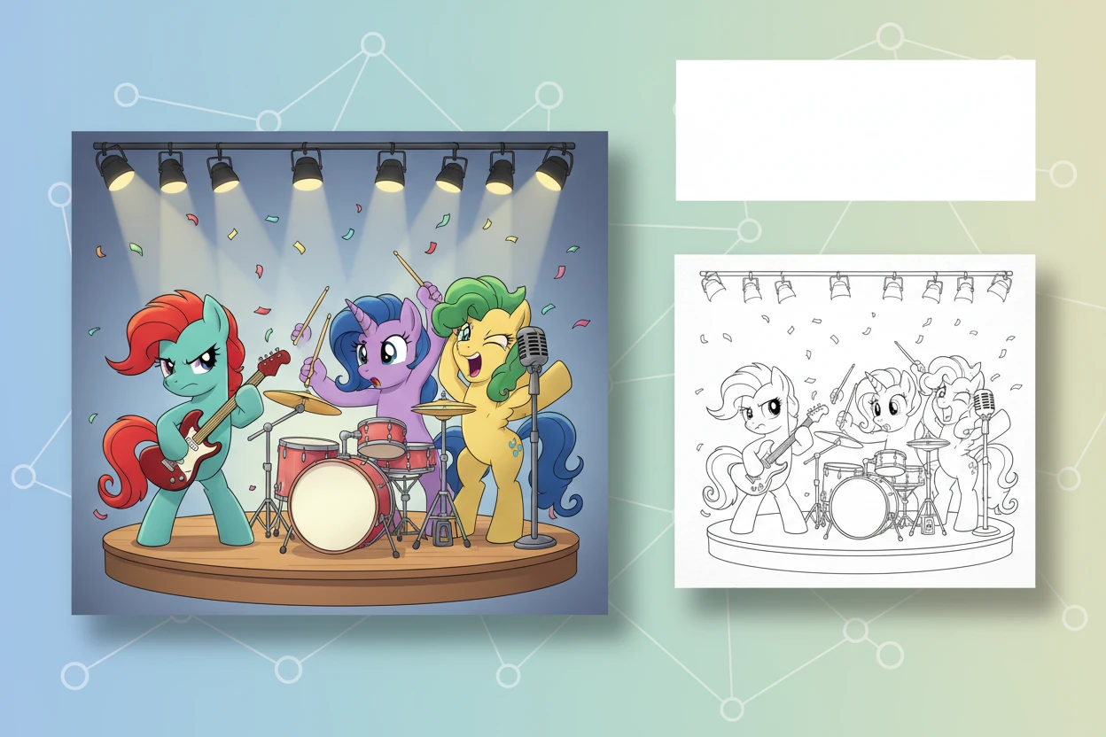 three-different-ponies-forming-a - My Little Pony Colouring page