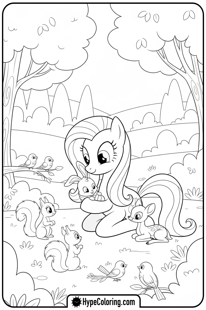 fluttershy-with-forest-animals - My Little Pony Colouring page