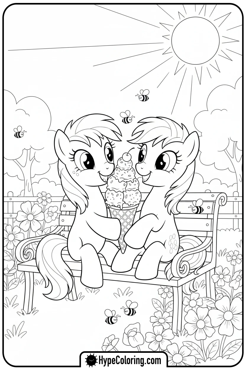 earth-ponies-sharing-ice-cream - My Little Pony Colouring page