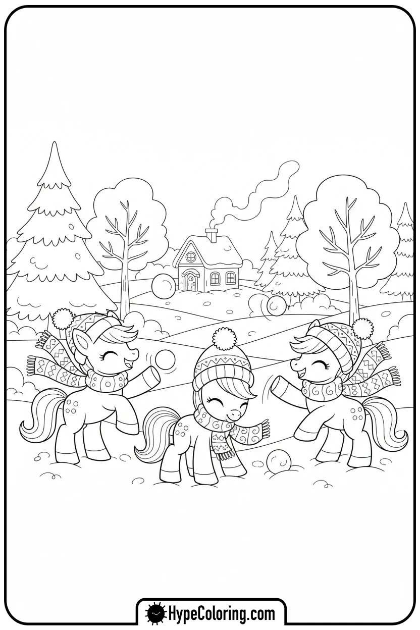 ponies-having-a-snowball-fight - My Little Pony Colouring page