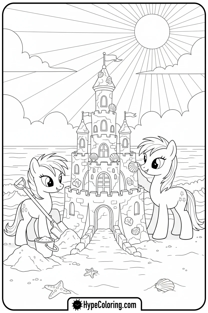 ponies-building-sandcastle-at-beach - My Little Pony Colouring page