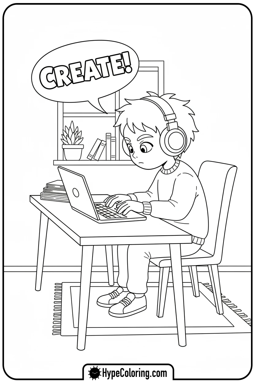Click to download PDF skz-character-with-laptop-and-headphones - Skz Coloring Sheets