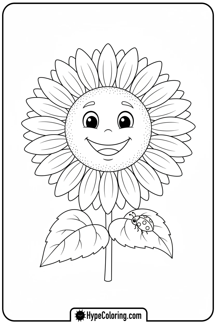smiling-sunflower-with-ladybug - coloring page flowers