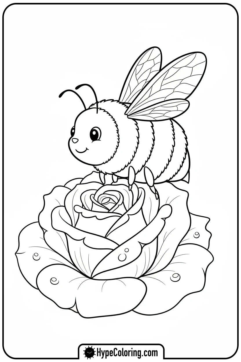 bee-landing-on-a-rose - coloring page flowers