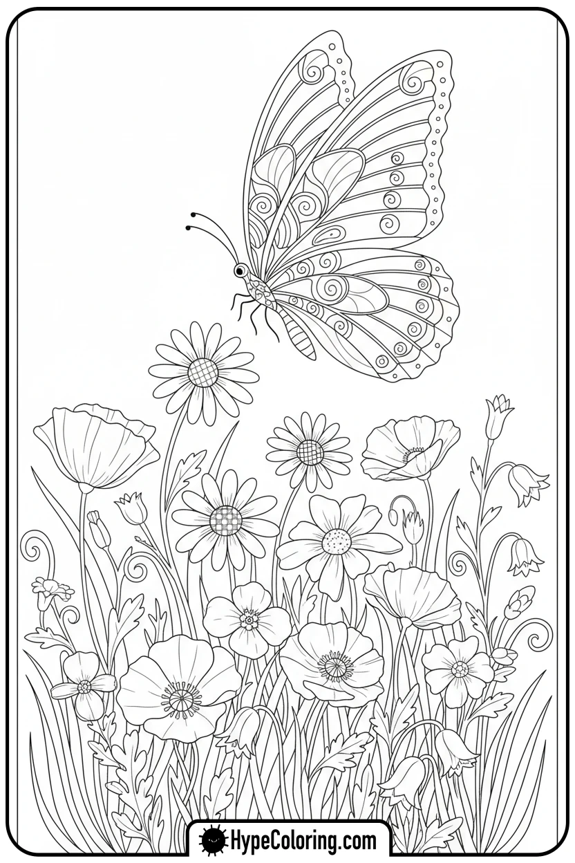 butterfly-over-wildflower-meadow - coloring page flowers